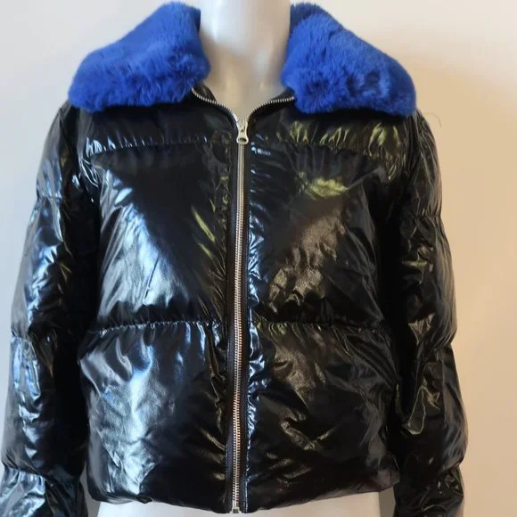 Womens Central Park West Black Blue Faux Fur Collar Puffer Bomber Jacket S * - Picture 3 of 12